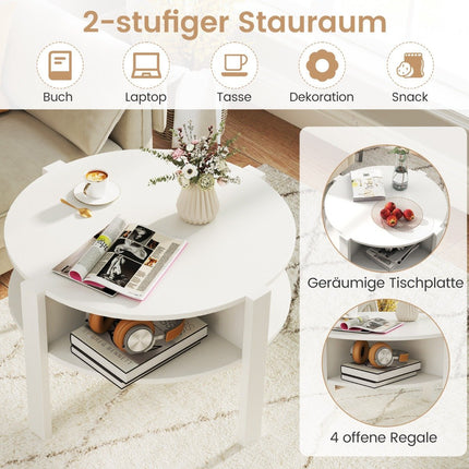 Round Coffee Table with Storage – Wood, 4 Shelves, White