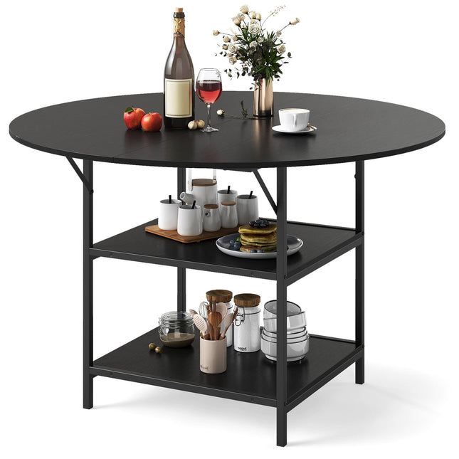 Round Dining Table, 120 cm, 2-Tier Shelf, Metal Frame