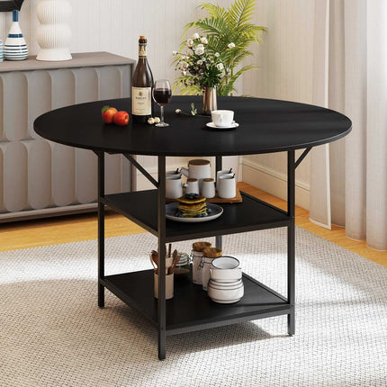 Round Dining Table, 120 cm, 2-Tier Shelf, Metal Frame