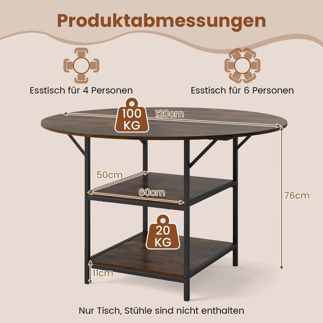 Round Dining Table, 120 cm, 4-6 Seats, 2-Tier Shelf