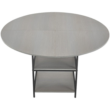 Round Dining Table, 47 Inch, Storage Shelf, Metal Legs, Grey