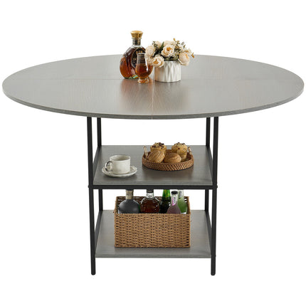 Round Dining Table, 47 Inch, Storage Shelf, Metal Legs, Grey