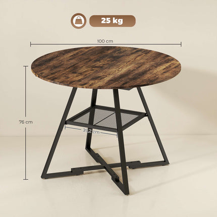 Round Dining Table for 4, 100 cm, Rustic Brown Wood Look