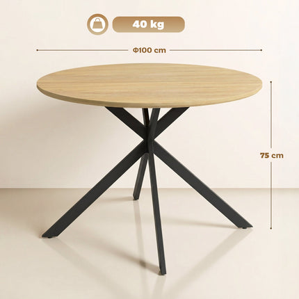 Round Dining Table for 4, Industrial Style, Oak Finish