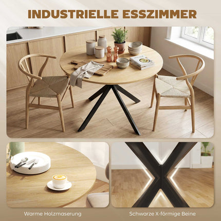 Round Dining Table for 4, Industrial Style, Oak Finish