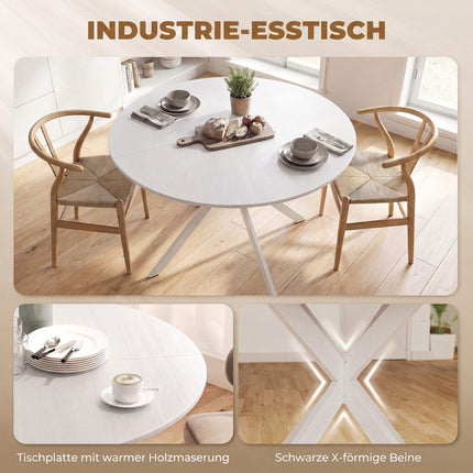 Round Dining Table for 4 People, Ø120 cm, White, X-Shaped Steel Legs