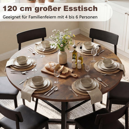 Round Dining Table with Shelf, Seats 4-6, Rustic Brown