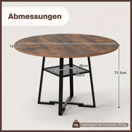 Round Dining Table with Shelf, Seats 4-6, Rustic Brown