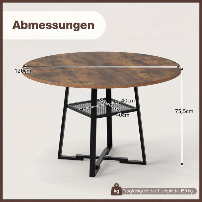 Round Dining Table with Shelf, Seats 4-6, Rustic Brown