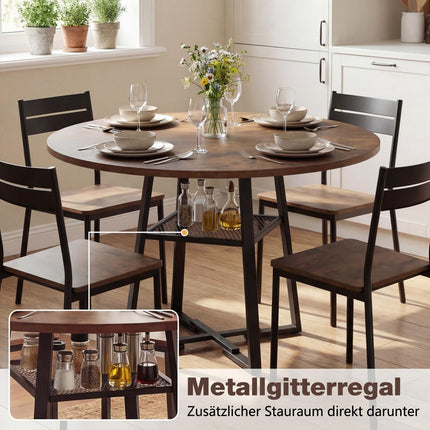 Round Dining Table with Shelf, Seats 4-6, Rustic Brown