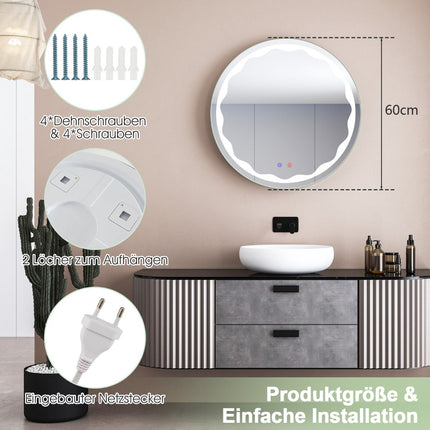 Round LED Bathroom Mirror 60 cm, Anti-Fog, Dimmable