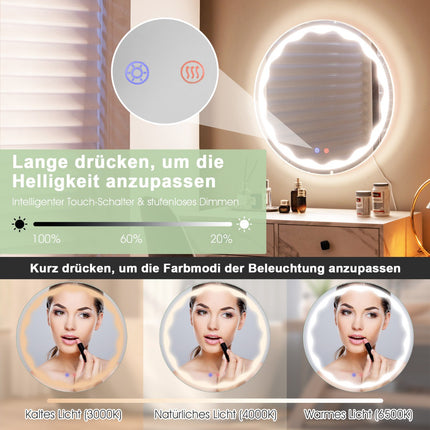 Round LED Bathroom Mirror 60 cm, Anti-Fog, Dimmable