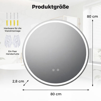 Round LED Bathroom Mirror, Adjustable Brightness, Ø80 cm