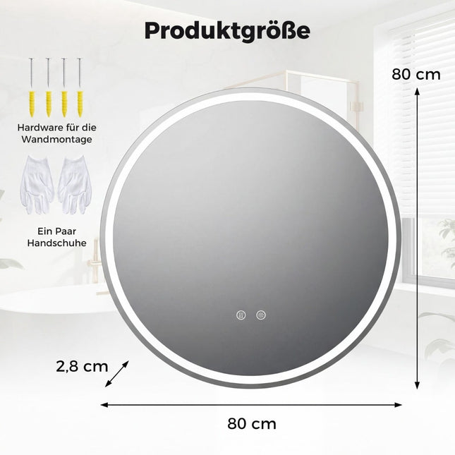 Round LED Bathroom Mirror, Adjustable Brightness, Ø80 cm