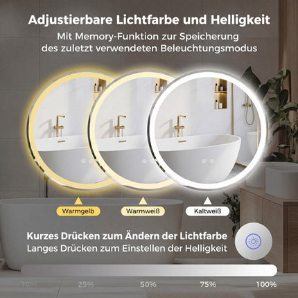 Round LED Bathroom Mirror, Adjustable Brightness, Ø80 cm