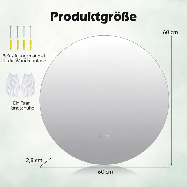 Round LED Bathroom Mirror, Adjustable Brightness & Anti-Fog