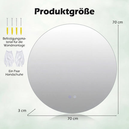 Round LED Bathroom Mirror with Anti-Fog, Adjustable Light