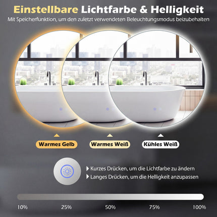 Round LED Bathroom Mirror with Anti-Fog, Adjustable Light