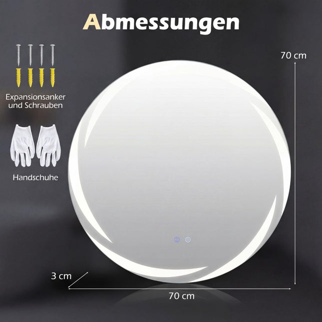 Round LED Bathroom Mirror with Dimmable Light & Defogger
