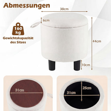 Round Linen Ottoman with Storage, Beige, Ø38 cm