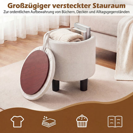 Round Linen Ottoman with Storage, Beige, Ø38 cm