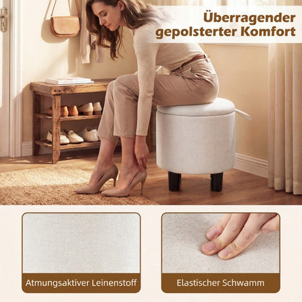 Round Linen Ottoman with Storage, Beige, Ø38 cm