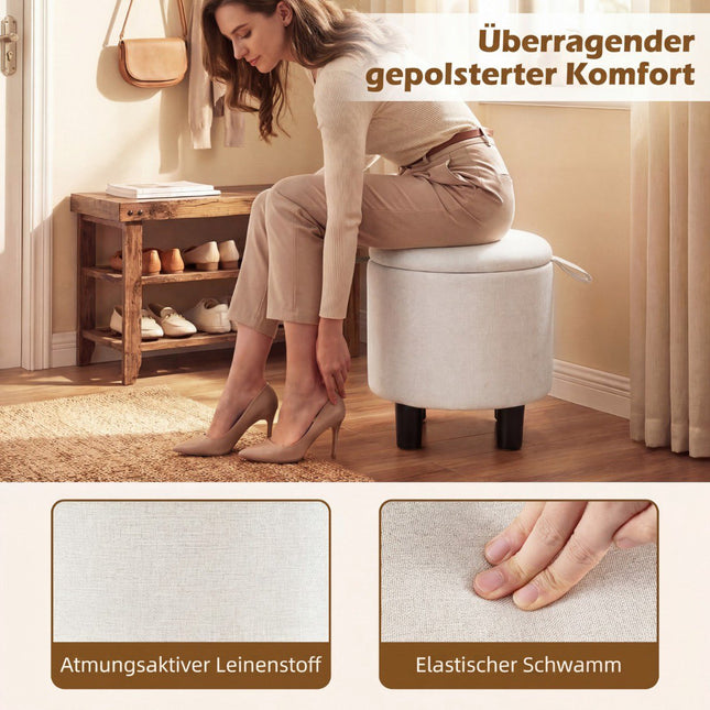 Ronde linnen poef met opbergruimte, beige, Ø38 cm
