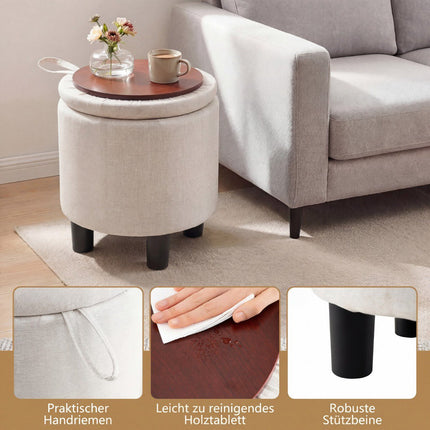 Round Linen Ottoman with Storage, Beige, Ø38 cm