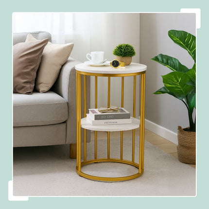 Round Marble Look Side Table with 2 Levels