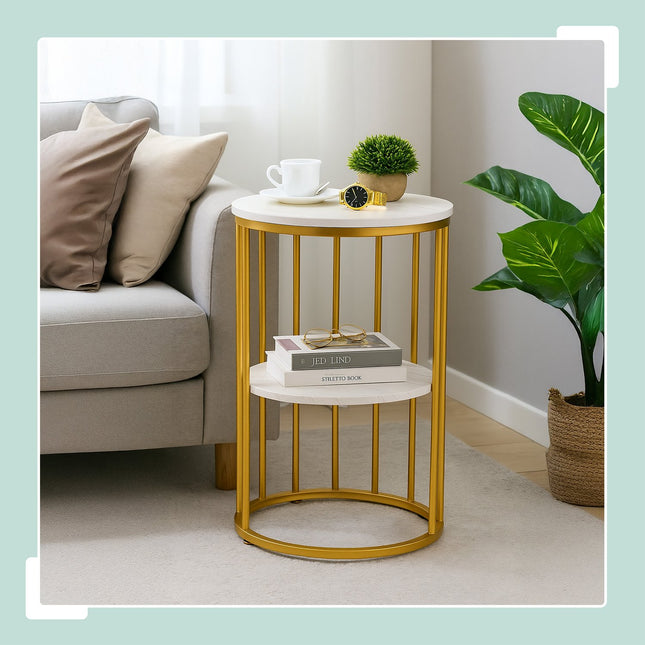 Round Marble Look Side Table with 2 Levels