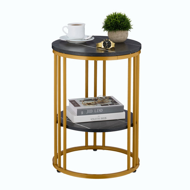 Round Marble Look Side Table with 2 Levels