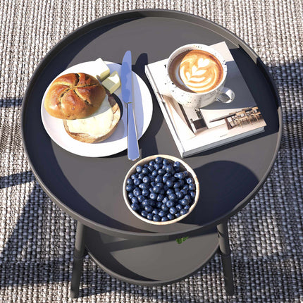 Round Metal Balcony Table, Two-Tier Design, Black