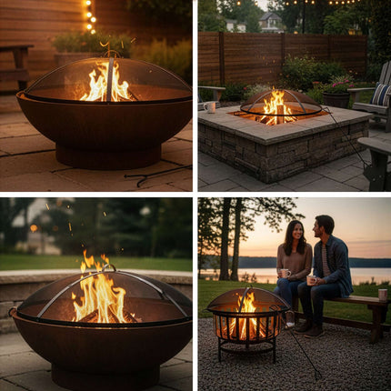 Round Metal Spark Guard for Fire Pits with Poker, 90 cm