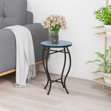 Round Mosaic Side Table – 35x55 cm, Blue/Black