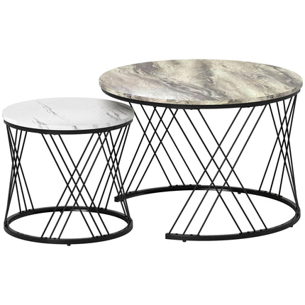 Round Nesting Coffee Tables Set – Marble Look, Grey & White