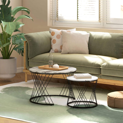 Round Nesting Coffee Tables Set – Marble Look, Grey & White