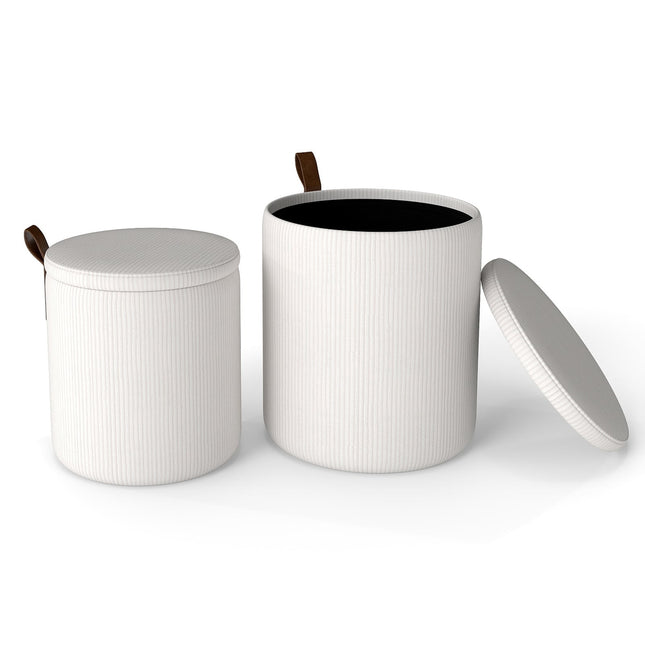 Ronde poefset met opbergruimte, corduroy, in elkaar te schuiven, wit