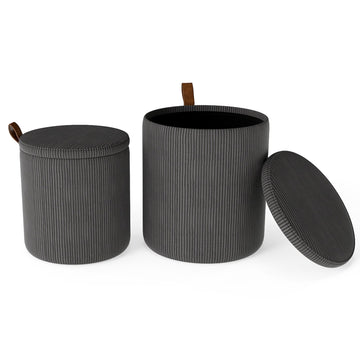 Round Ottoman Set with Storage, Nesting, Corduroy, Gray
