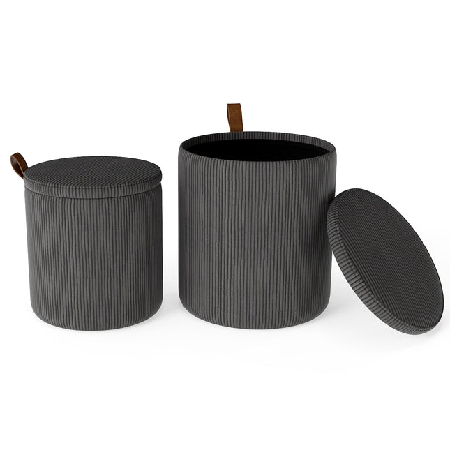 Ronde poefset met opbergruimte, stapelbaar, corduroy, grijs