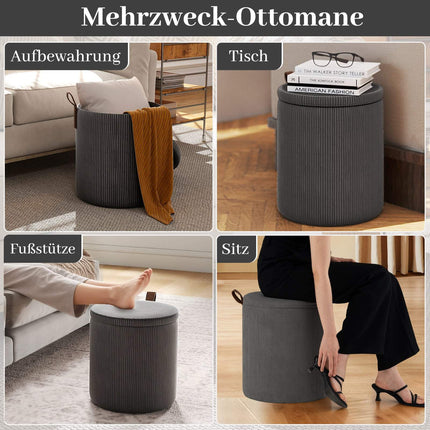 Round Ottoman Set with Storage, Nesting, Corduroy, Gray