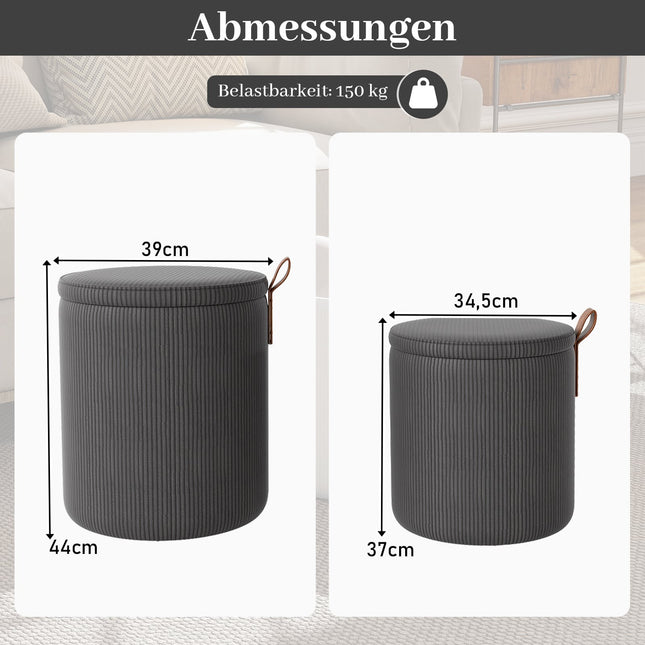 Ronde poefset met opbergruimte, stapelbaar, corduroy, grijs