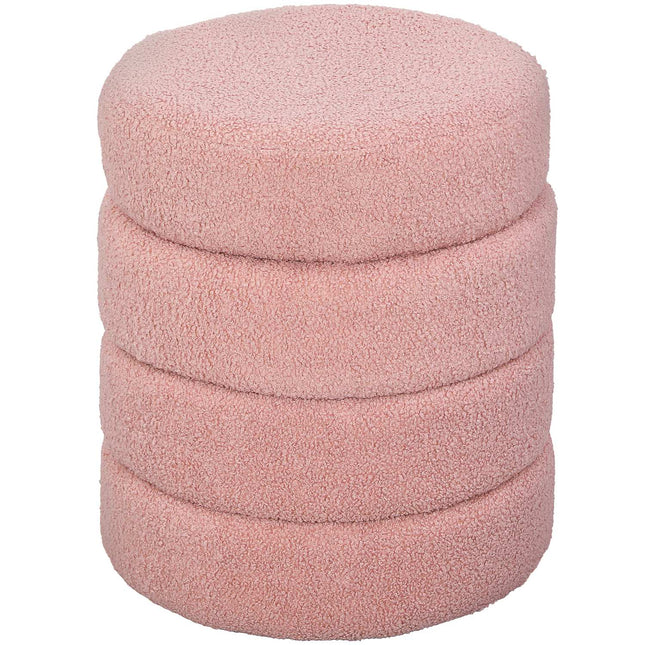 Round Ottoman, Teddy Fleece, Pink, 120kg Capacity, 40x45 cm