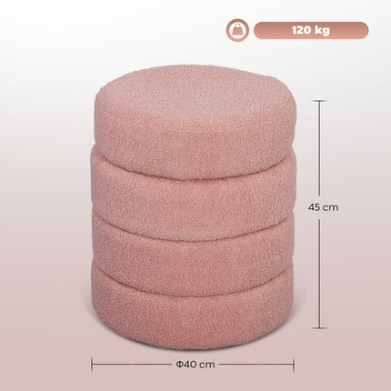 Round Ottoman, Teddy Fleece, Pink, 120kg Capacity, 40x45 cm