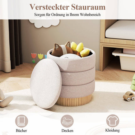 Round Ottoman with Storage, Removable Lid, Beige Chenille