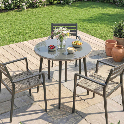 Round Outdoor Dining Table, 80 cm, Glass & Rattan