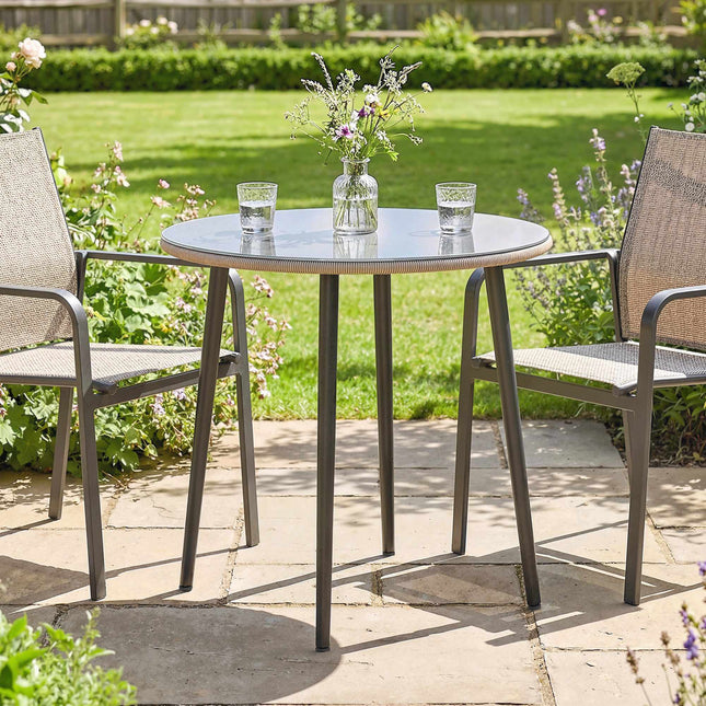Round Outdoor Dining Table, 80 cm, Glass & Rattan