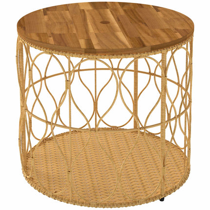 Round Outdoor Side Table, Acacia Wood Top, Rattan Look