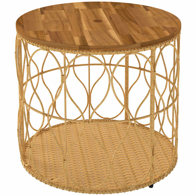 Round Outdoor Side Table, Acacia Wood Top, Rattan Look