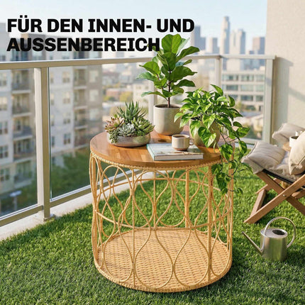 Round Outdoor Side Table, Acacia Wood Top, Rattan Look