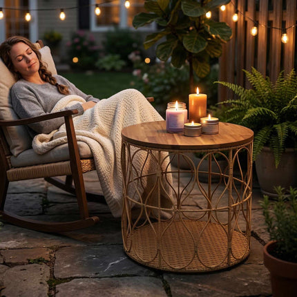 Round Outdoor Side Table, Acacia Wood Top, Rattan Look